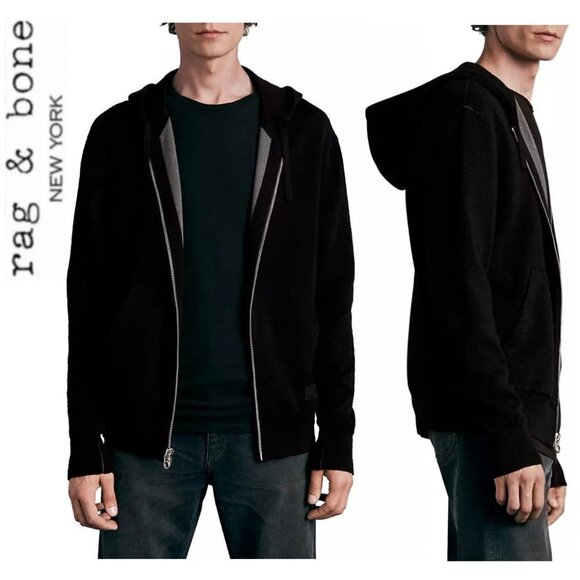 Rag & Bone York Black Wool Zip Hooded Sweatshirt Jacket Size XLarge - Picture 1 of 17